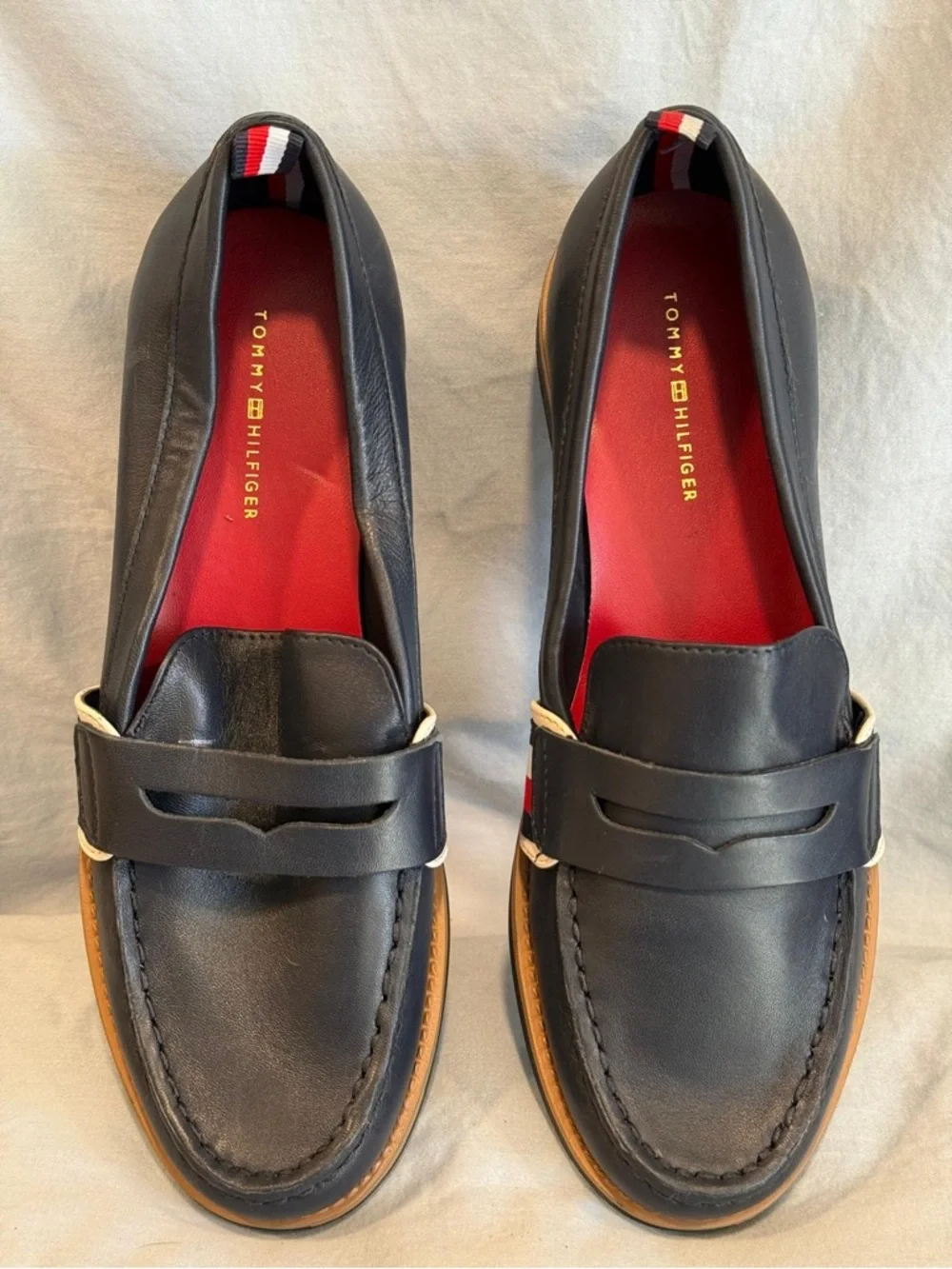 Tommy Hilfiger Navy Leather Penny Loafers with Red Insole - Picture 4 of 4